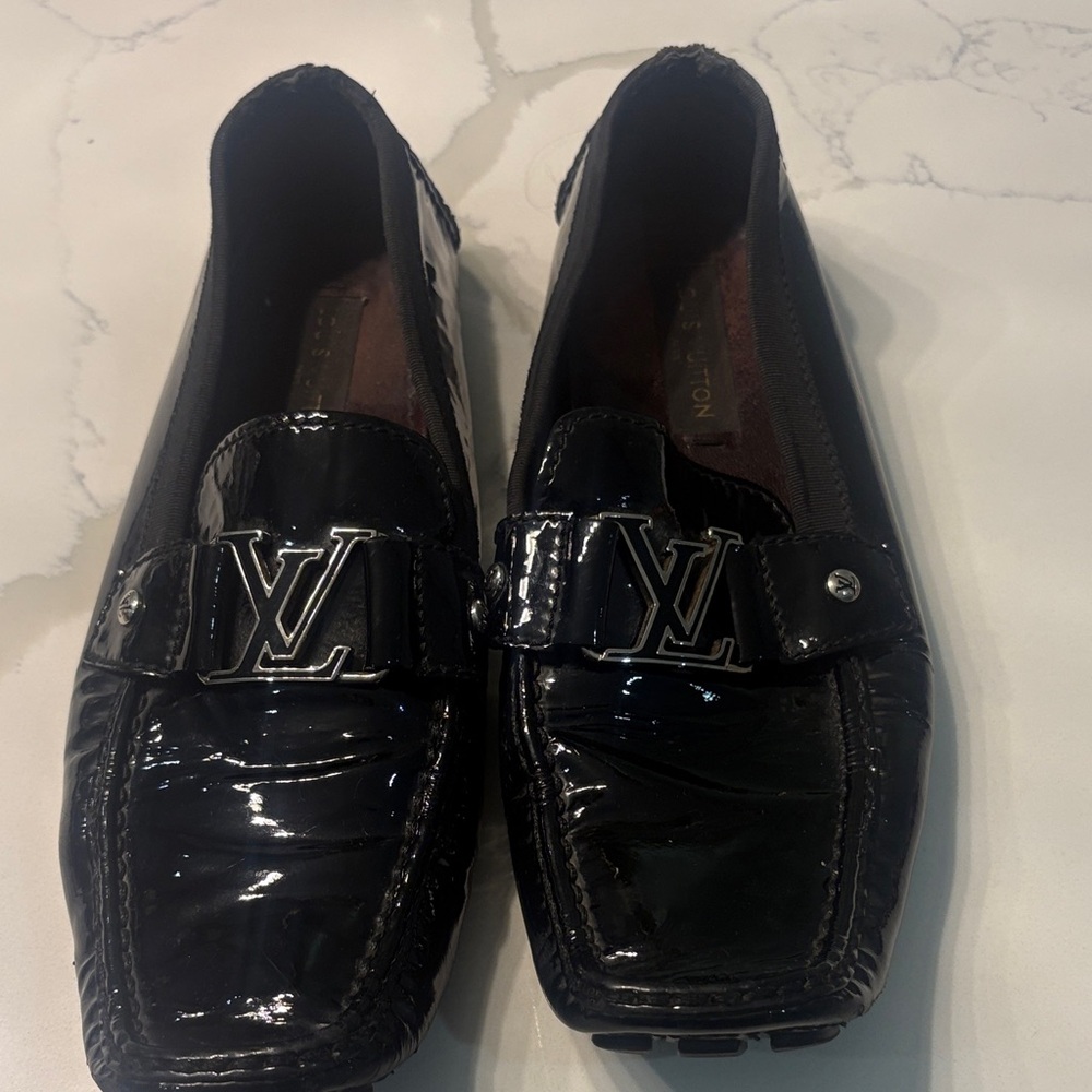 Pre-owned Louis Vuitton Shiny Black Loafers withSilver(used)pictures for details
